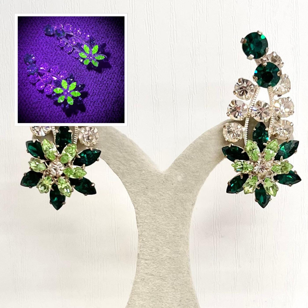 Vintage Uranium & Clear Crystal Paste Clip On Earrings Flower Drop Silver Plate with a UV Reactive Glow MillyOliverVintage