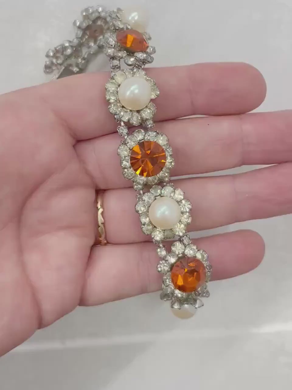 Vintage 1950’s Exquisite Orange & Clear Austrian Crystal Floral Cluster Statement Bracelet with Glass Pearl Accents Costume Jewellery 7.25”