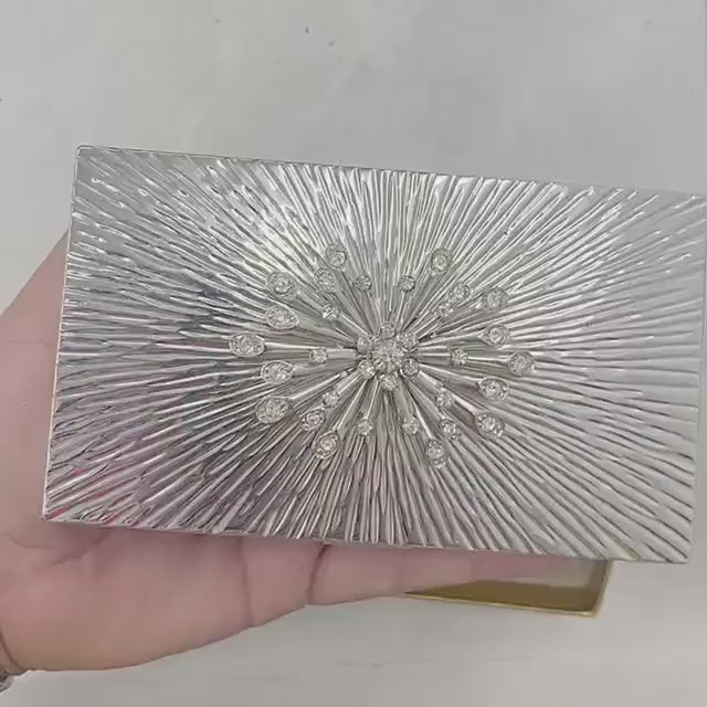 Vintage 1950’s 1960’s Evans Starburst Chrome Plate Cigarette Case with Starburst Crystal Diamante Detail Complete with Box & Pouch