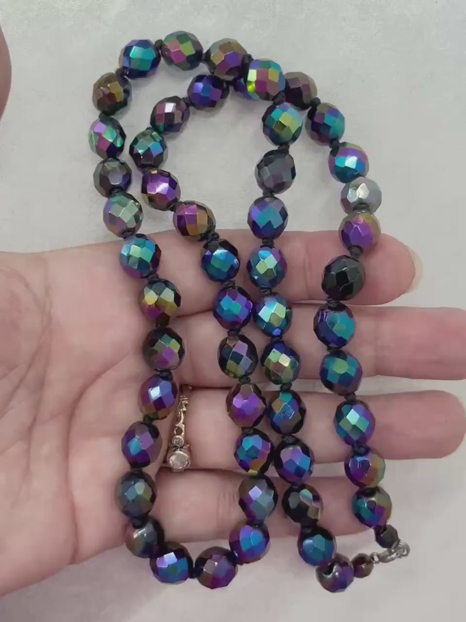 Vintage Handknotted AB Purple Iris Czech Carnival Glass Faceted Bead Necklace Excellent Quality Beads Vintage Jewellery 25” Long
