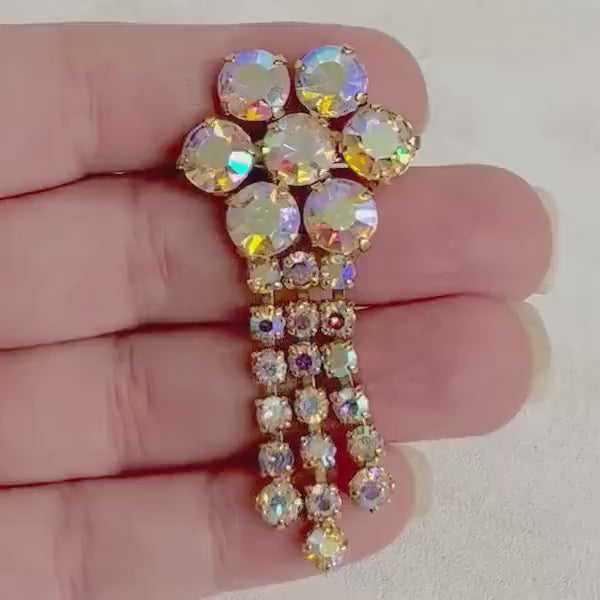 Vintage Aurora Borealis Austrian Crystal Three Tassle Drop Brooch Gold Plate Statement Piece