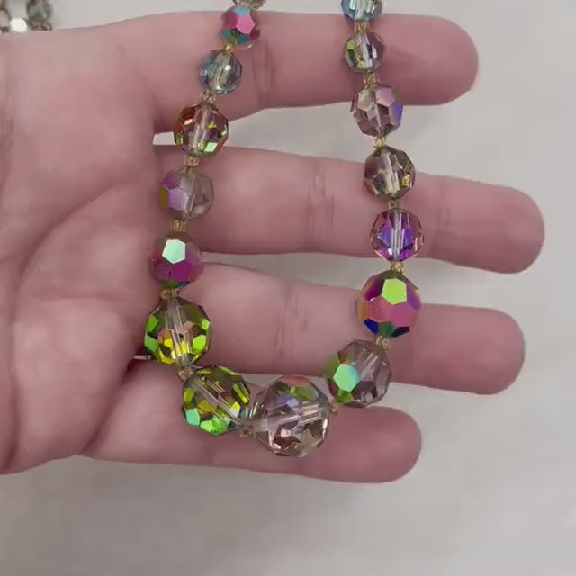 Vintage 1940’s - 1950’s Vitrail Aurora Borealis Graduated Austrian Crystal Bead Necklace 16” with a 2” extender