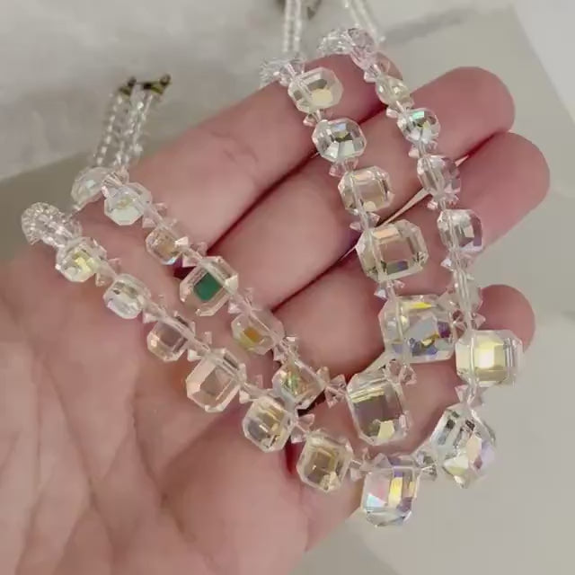 Vintage 1940’s Two Strand Crystal Bead Necklace : Aurora Borealis Draped Waterfall Design with Ornate Crystal Clasp