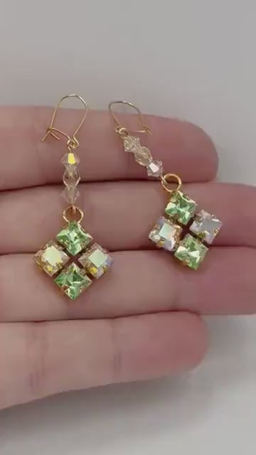 Vintage Aurora Borealis Green Uranium Glass Square Cut Crystal Drop Earrings UV Reactive Glow with Vintage Swarovski Crystals