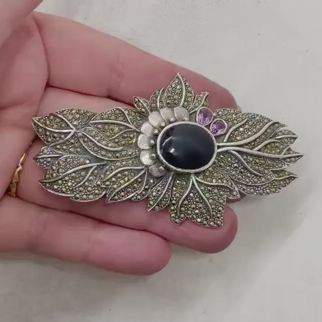 Large Vintage Sterling Silver Marcasite Leaf Brooch with Black Onyx and Amethyst Accents 8.5cm Statement Jewellery