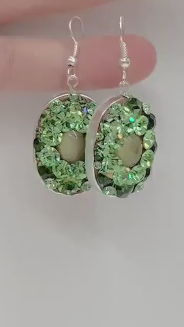 Handmade Uranium Glass Crystal Cluster Drop Earrings UV Reactive Glow with Vintage Swarovski Crystals