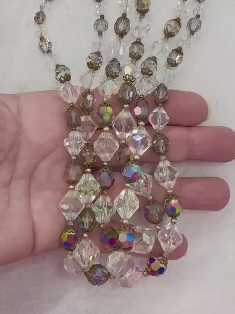Vintage 1950’s Three Strand Austrian Glass Crystal Bead Necklace with Aurora Borealis and Vitrail Coatings Beautifully Cut Crystals