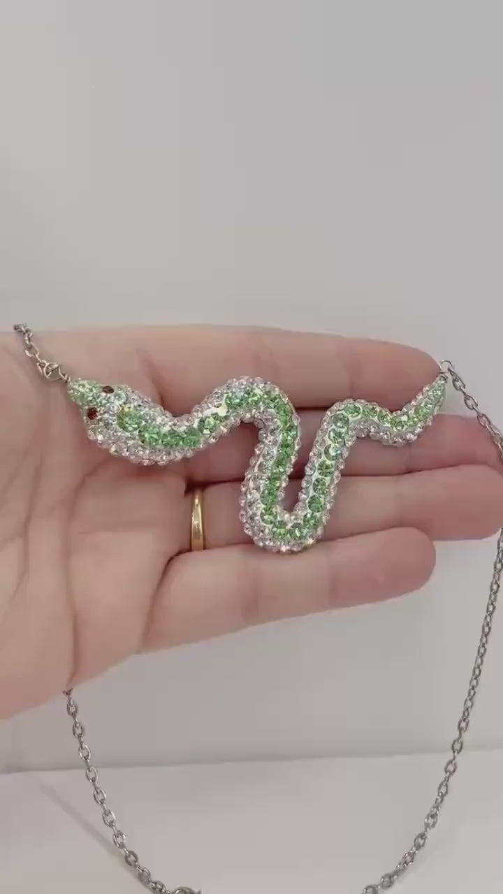 Swarovski Crystal Chaton Green Uranium & Clear Crystal Snake Necklace Silver Plate Chain UV Reactive Glow
