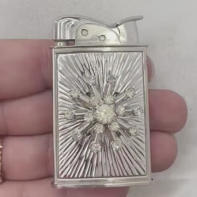 Vintage 1950’s 1960’s Evans Starburst Chrome Plate Cigarette Lighter with Starburst Crystal Diamante Detail
