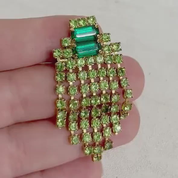 Green Austrian Crystal Brooch Art Deco Style with Seven Tassle Drops Gold Plated