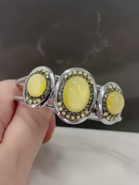 Vintage Yellow Uranium Glass Oval Czech Cabochon Bangle with Yellow Opal Crystals Silver Plated UV Reactive Glow Jewellery