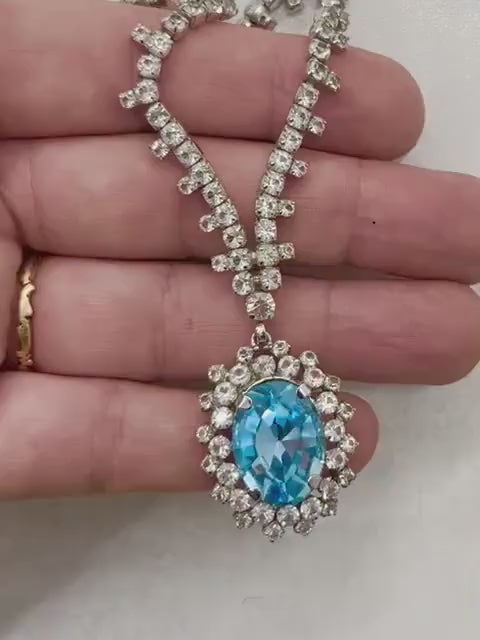 Vintage Aquamarine Blue Drop Faceted Glass Crystal Chain Necklace Excellent Quality Crystals Vintage Jewellery 16” Long with a 3” Extender
