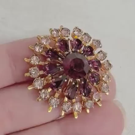 Vintage Amethyst Purple Crystal Flower Brooch Excellent Qualitg Riveted Design Gold Plate