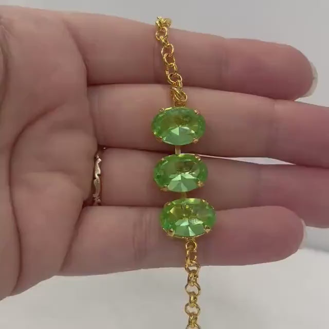 Vintage Green Uranium Glass Oval Crystal Trio Bracelet Gold Plated Metal UV Reactive Glow Jewellery