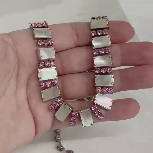 Mother of Pearl and Diamante Crystal Necklace : Vintage Necklace with Pink Stones