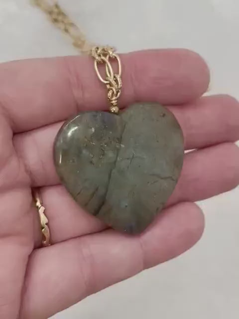 Flashy Natural Labradorite Heart Drop Pendant Necklace Gold Plated Fancy Chain - 18” Long by Milly Oliver