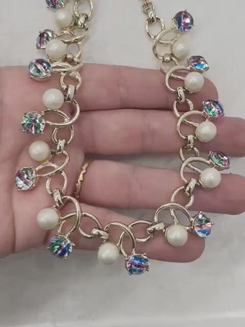 Vintage 1960’s Czech Rainbow Iris Crystal & White Glass Pearl Necklace Choker Excellent Quality Vintage Jewellery 13” with a 4” Extender