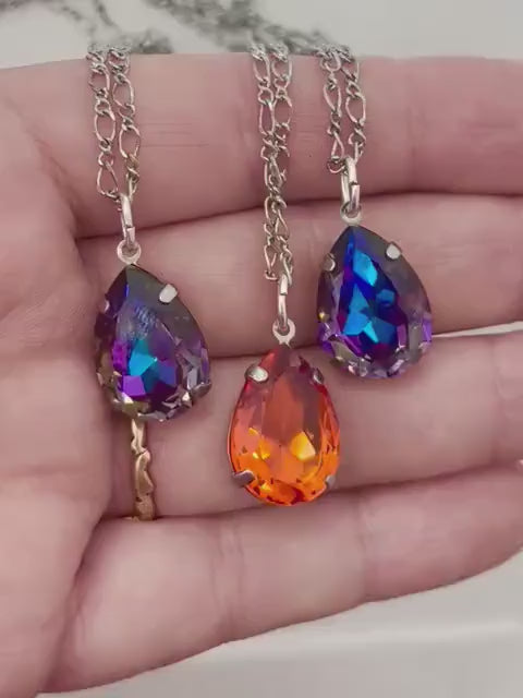 Sparkling Swarovski Crystal Elements Pear Drop Pendant Necklace Fancy Chain - 16” Long - Choice of Colours - by Milly Oliver