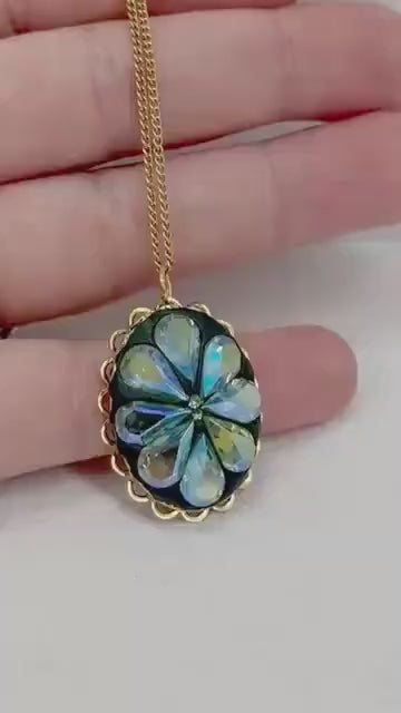 AB Green Uranium Crystal Pendant with Vintage Uranium Swarovski Crystal Elements in a Gold Tone Setting 18” Chain UV Reactive Glow