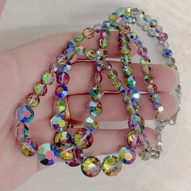 Vintage 1940’s Two Strand Rainbow Iris Aurora Borealis Bead Necklace : Waterfall Style with an Ornate Crystal Clasp by Exquisite