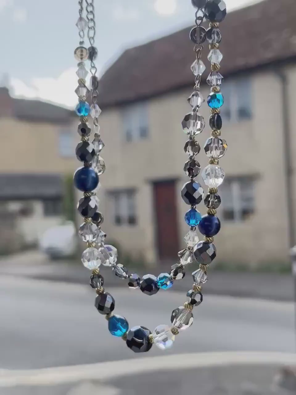Two Strand Blue Grey & Clear Swarovski Crystal Beaded Necklace 17” with a 3” Extender Chain - by Milly Oliver