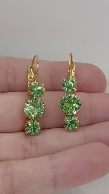 Vintage Green Uranium Glass Trio Crystal Drop Earrings UV Reactive Glow with Vintage Swarovski Crystals