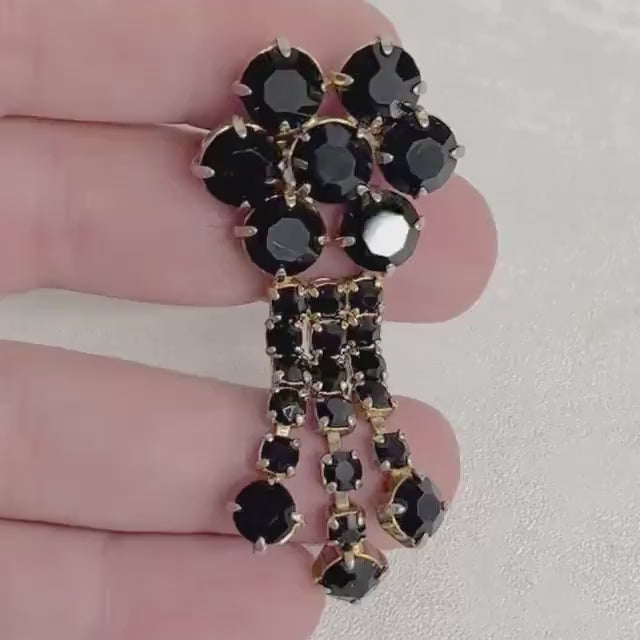 Black Austrian Crystal Flower Drop Brooch : Gold Plate with Three Long Tassles Statement Piece
