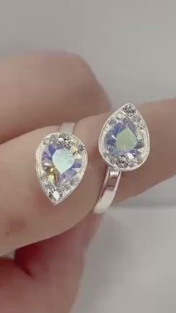 Sterling Silver Aurora Borealis Swarovski Crystal Heart Cut Dress Ring Wrap Around Adjustable Ring Unique Handmade Design