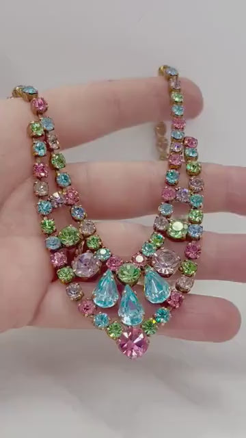 Vintage 1960’s - 1970’s Gold Tone Multi Coloured Rainbow Austrian Crystal V Neck Necklace Beautiful Sparkling Colours