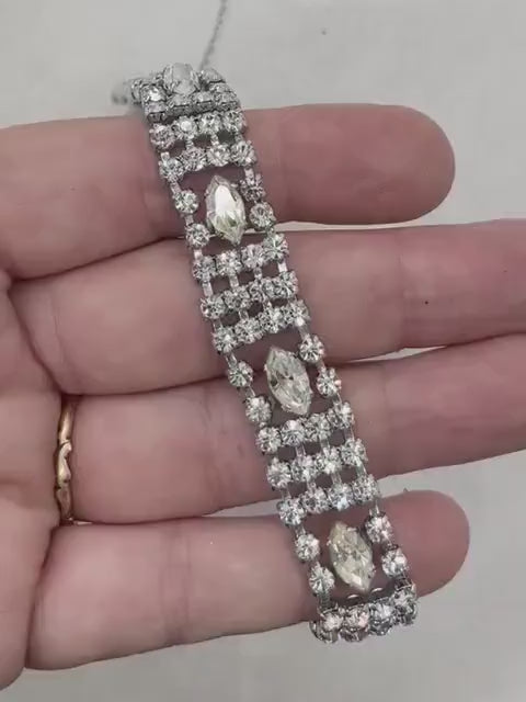 Vintage Silver Plate 1970’s Clear Crystal Paste Marquise Set Wide Bracelet with Safety Chain Power Dressing Costume Jewellery