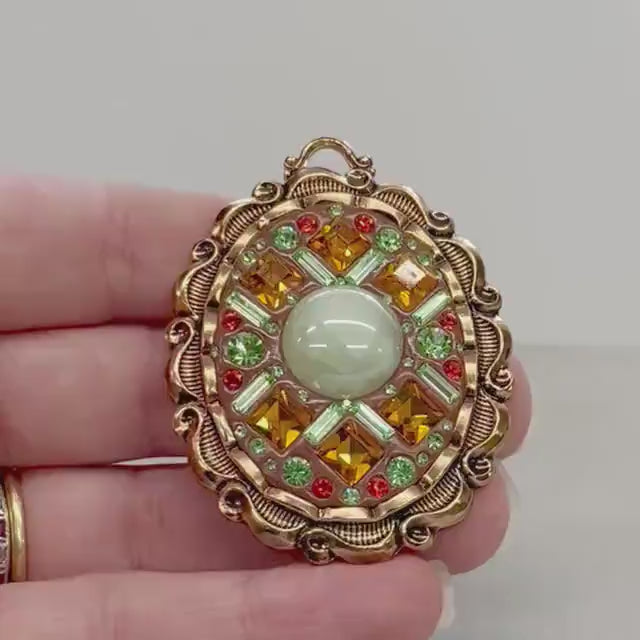 Statement Green Uranium Crystal Pendant with Vintage Uranium Swarovski Crystal Elements in a Gold Tone Setting UV Reactive Glow Brown Orange